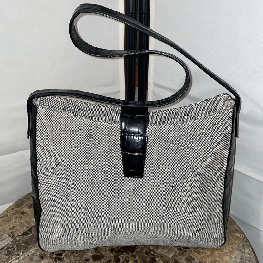 Canvas and Faux Black Croc Shoulder Bag 10”x10”